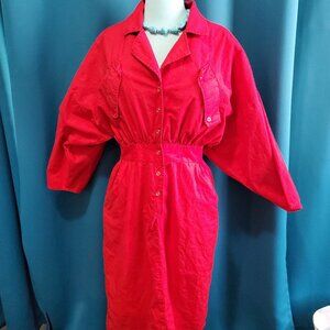 💃VINTAGE 80s Avon Bright Red Shirtdress Puff Sleeve Elastic Waist Midi 8